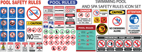 Swimming Pool Safety Sign Collection with Rules, Warning Labels and Instruction Symbols Vector Set