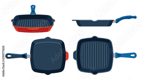 Grill pan cookware with front side rear and top views vector illustration