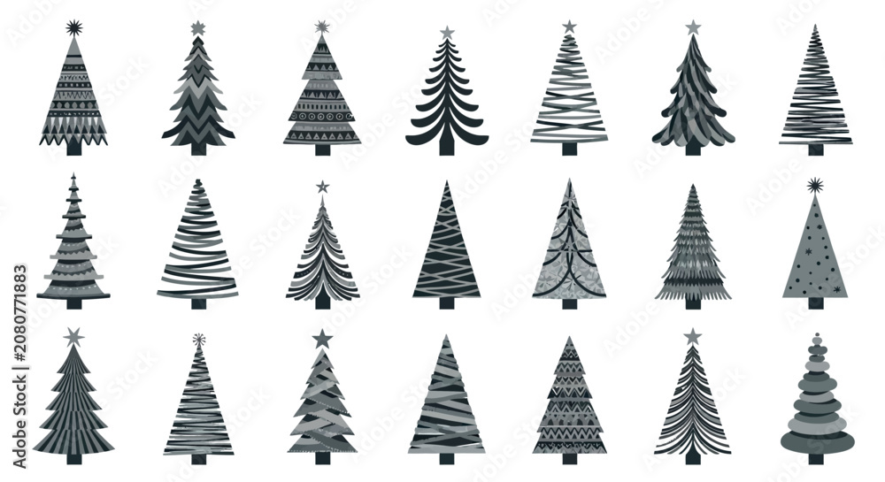 Obraz premium Set of fifteen stylized pixel art christmas trees with star tops for holiday illustrations