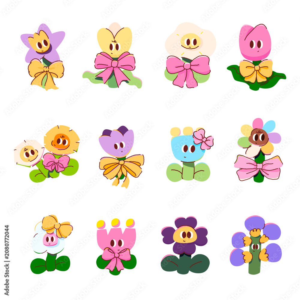 Fototapeta premium Cute flower cartoon characters set, kawaii floral vector collection with ribbon bows, isolated on white background. vector and illustration.