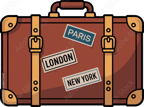 Vintage suitcase with travel destination stickers during a journey