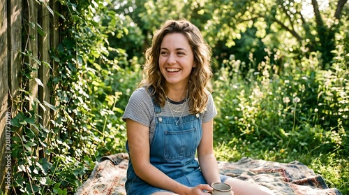 Young woman happily smiling, sitting on a blanket with a mug in a sunny garden