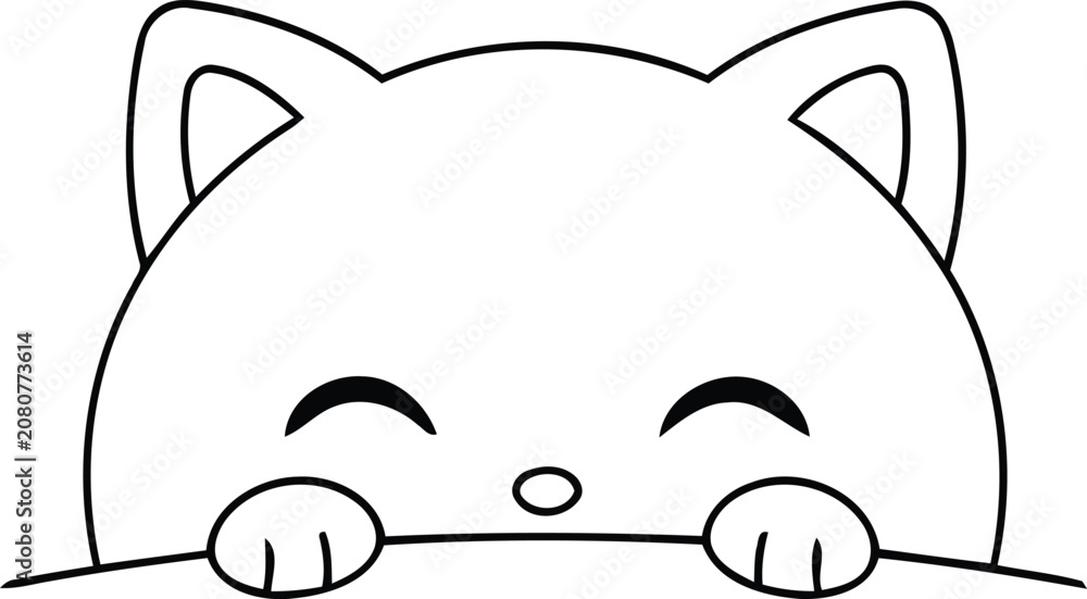 Obraz premium Cute happy cat peeking over edge outline vector illustration with illustration, adorable
