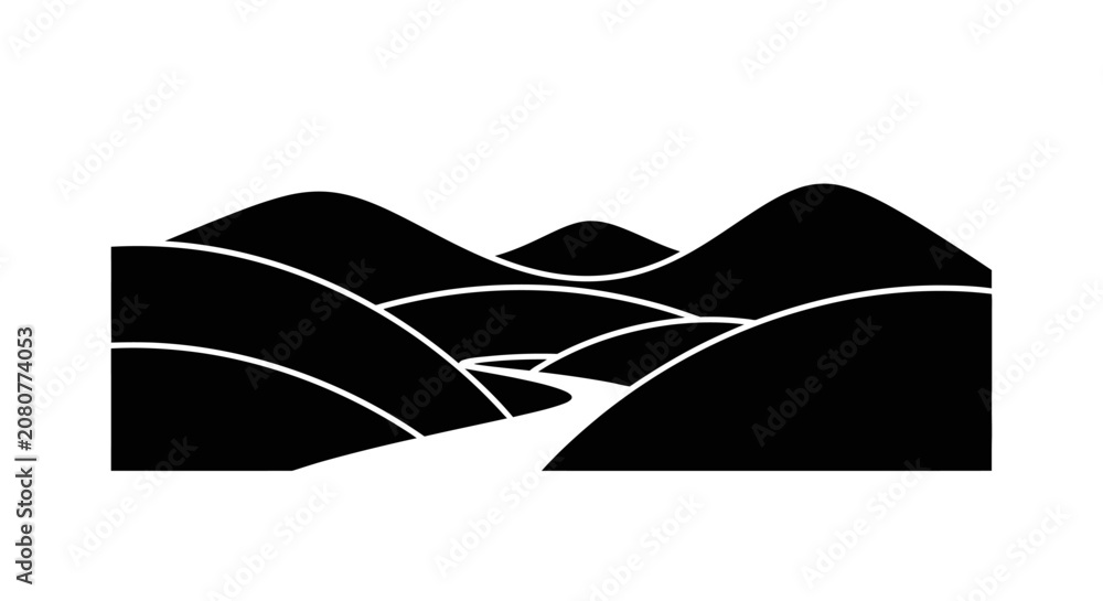 Naklejka premium Minimalist black and white landscape icon with rolling hills and a winding path.