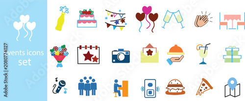 Slika na platnu Event planning and celebration icon set with blue festive icons