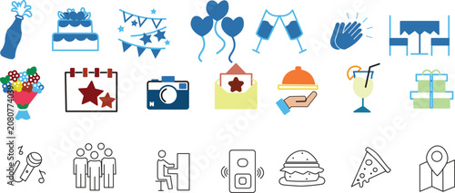 Canvastavla Event planning and celebration icon set with blue festive icons