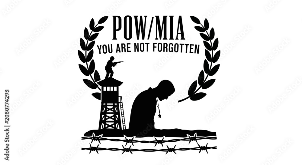 Fototapeta premium POW MIA military memorial graphic with silhouette of a soldier and watchtower.