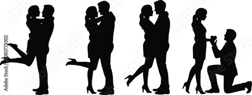 Tableau sur toile Romantic couple silhouettes set with man proposing on one knee and lovers hugging passionately isolated on a clear white background