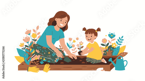 Woman and girl planting flowers together.