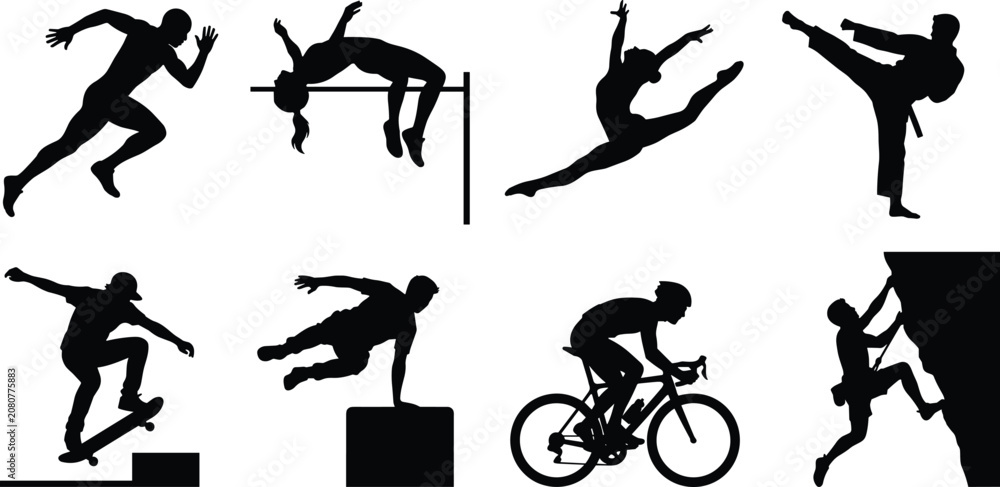 Obraz premium Sports Action Silhouette Collection Featuring Running Cycling Climbing Skateboarding Karate and Athletic Poses
