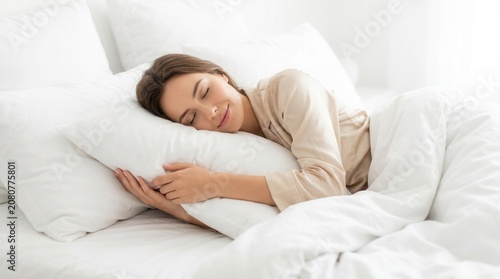 Peacefully sleeping beautiful young woman lying in bed
