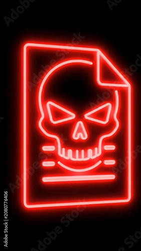 Glowing red neon skull icon on digital document file.