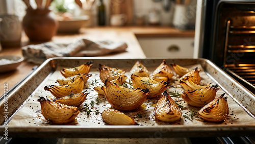 Golden-brown roasted onion wedges with herbs and spices on a baking tray