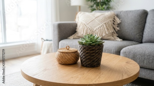 Houseplant and wicker basket on a wooden coffee table positioned near a grey sofa in a living room