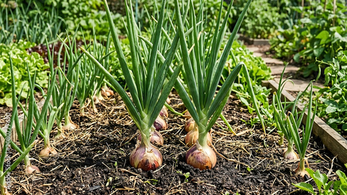 Mature onion plants with developing bulbs growing in a sunny garden bed