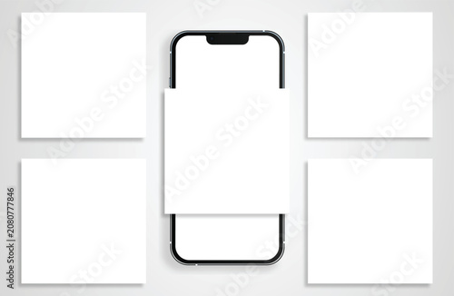 Social media carousel post template mockup. Mobile app interface with blank pictures, editable posts. Scroll frame pages, social media photography.