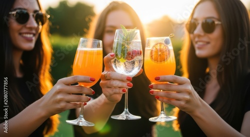 Three happy friends cheering with orange cocktails during a sunny summer evening outdoor