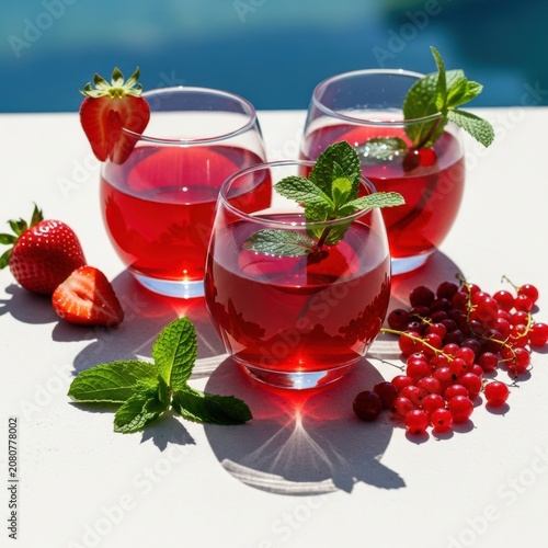 Three glasses of red berry juice with fresh strawberries mint and currants on table