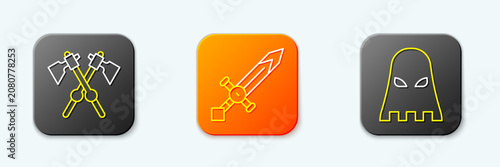 Konstfotografi Set line Crossed medieval axes, Medieval sword and Executioner mask icon
