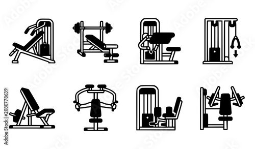 Photos Minimalist Gym Weight Training Machine Line Icon Set with Chest Press, Incline B