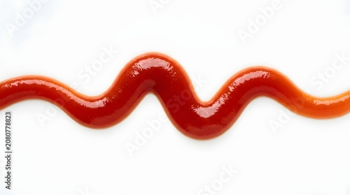 A wavy line of red ketchup on a white background. Red tomato ketchup splash. Red tomato ketchup drawn in wavy zigzag line on a white background. 