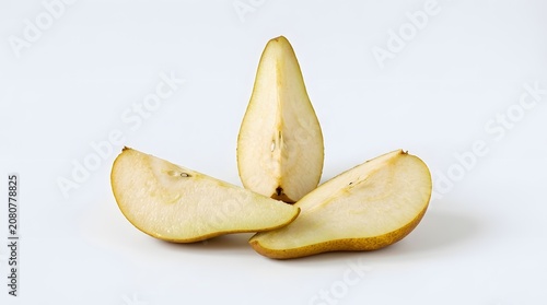 Freshly sliced pears on white background. A pear cut in half.
