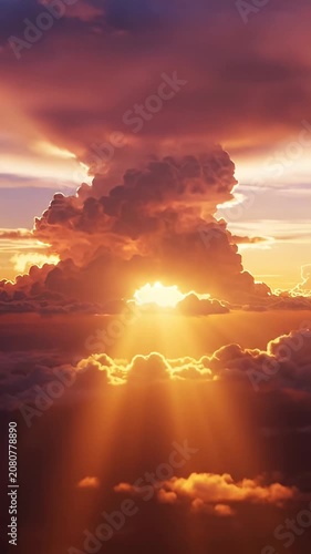 Intense sunbeams piercing through cumulus storm clouds.