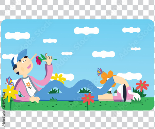 Obraz na płótnie Man smelling flower while relaxing on green grass in the park vector illustratio
