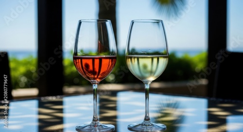 Two wine glasses with red and white wine standing on a table by a bright window