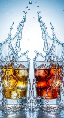 Two glasses of cold iced tea with water splashing in the air