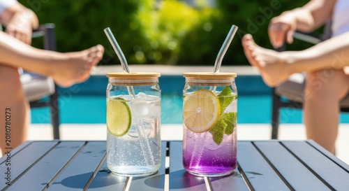 Two refreshing cocktails in glass jars with fruit and ice by the swimming pool