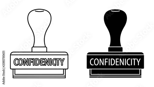 Foto Confidentiality Stamp Duo: A black and white outline graphic showing two rubber stamps side-by-side, each featuring the word CONFIDENICITY embossed on the stamp pad