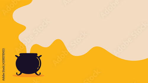 Simple hand drawn flat illustration of a black witch cauldron emitting smoke as a copy space on a bright yellow background suitable for Halloween, magical themed designs, and seasonal decorations.
