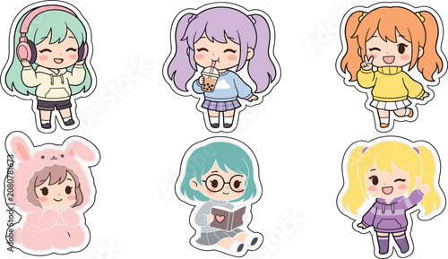 Cute Chibi Anime Girl Sticker Vector Illustration Set Featuring Kawaii Characters Listening to Music Drinking Boba and Wearing Bunny Onesie