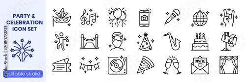 Photos Party and Celebration Line Icon Set with Editable Stroke