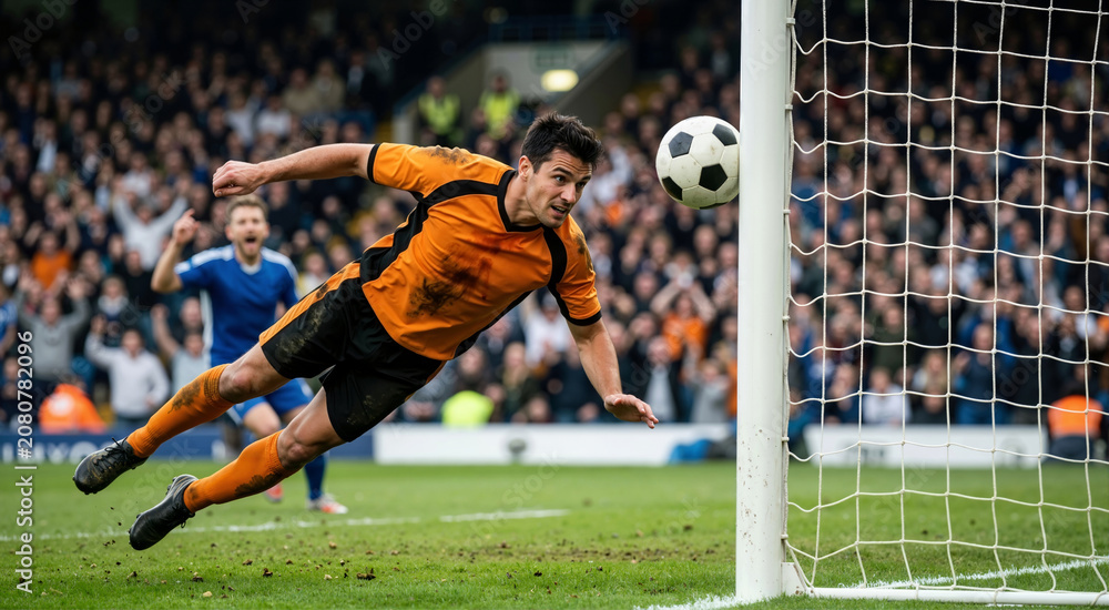 Obraz premium Soccer player executing a dramatic diving header near the goalpost. Muddy male athlete in mid-air attempting to score during a competitive football match. Professional sports action