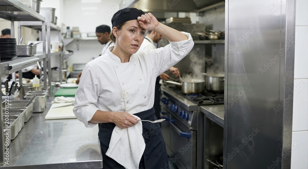 Fototapeta premium Exhausted female chef wiping sweat from forehead in a hot commercial kitchen. Tired woman in uniform working during a heatwave. Restaurant industry stress concept