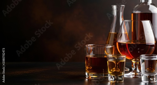 Glass of amber whiskey and shot glasses on a dark reflective surface