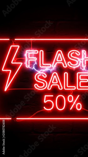 Neon red flash sale fifty percent discount sign.