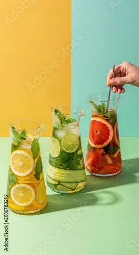 Three glasses of fresh fruit infused water with mint leaves on a colorful background
