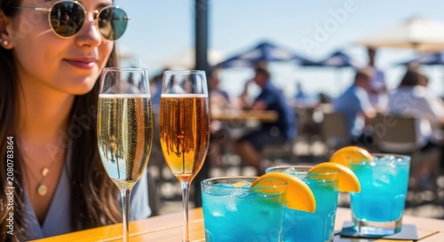 Young woman drinking cocktails and champagne at a sunny outdoor bar terrace