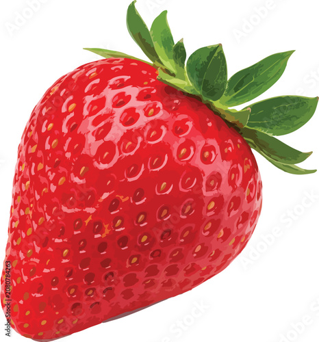 Single Red Strawberry with Green Leaves on White Background