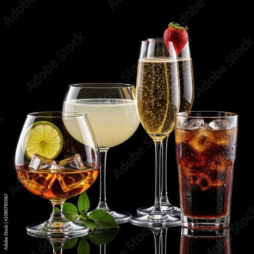 Selection of refreshing alcoholic cocktails and sparkling wine on a black background