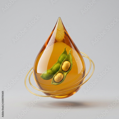 Realistic 3D icon for soy biofuel, pure golden biodiesel droplet with soybean pods inside, isolated sustainable energy asset