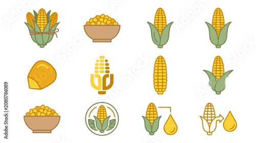 Canvas-taulu Corn Icons Set with Cobs and Kernels in Bowls, Ears, and Cut Corn Graphics for F