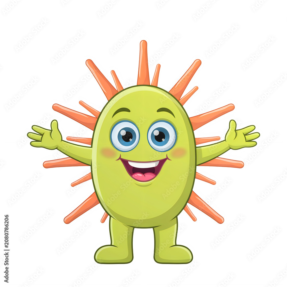 Fototapeta premium Happy green cartoon virus character waving with a friendly smile