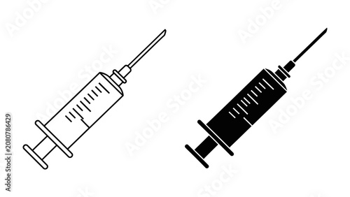 Fotografía Medical Syringe Icons: Two stylized syringe icons, one outlined and one solid black, representing medical injections or scientific research tools