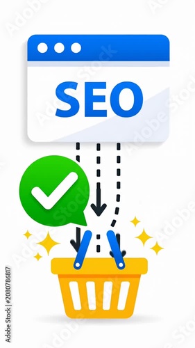 SEO browser window and shopping basket icons.
