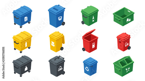 Fotografie Trash Bins Icon Set with Multiple Colors and Wheel Designs for Waste Management