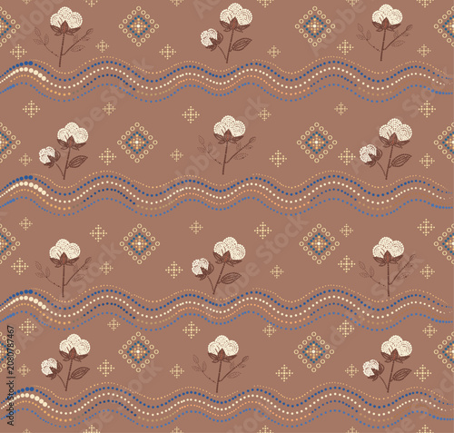 Modern Isan Dot Textile Seamless Pattern with Cotton Flowers, Wave Lines and Traditional Thai Folk Geometric Motifs, Blue Ethnic Vector Background